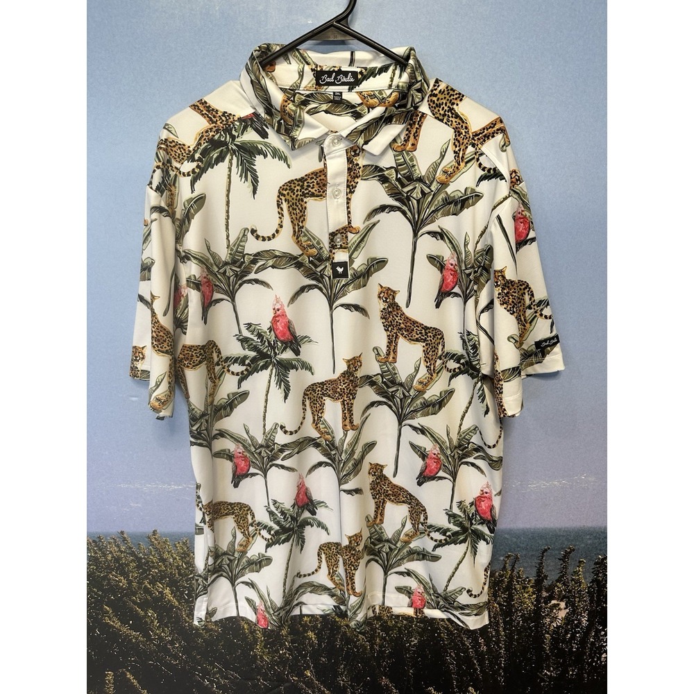 Bad Birdie Men's Golf Polo XXL Wildlife Print Size Large Cheetah Bird Floral